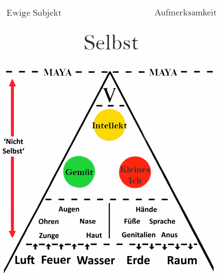 Advaita Vedanta Chart, welcher den Unterschied zwischen Geist und Selbst aufzeigt.